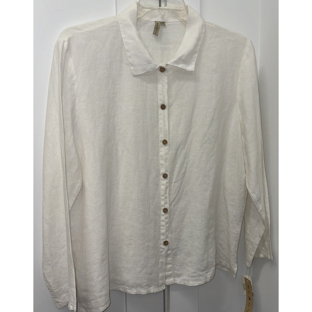 By JJ NWT Womens XL White Linen Button Up Shirt Minimalist Lagenlook Made in USA